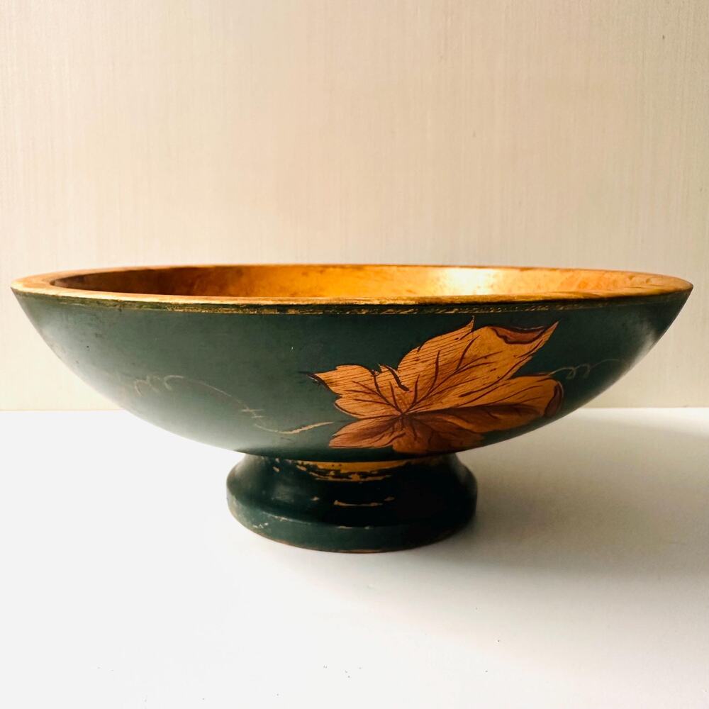 Vintage Robinhood Ware Wood Decorative Bowl Green Hand Painted Leaves AS IS